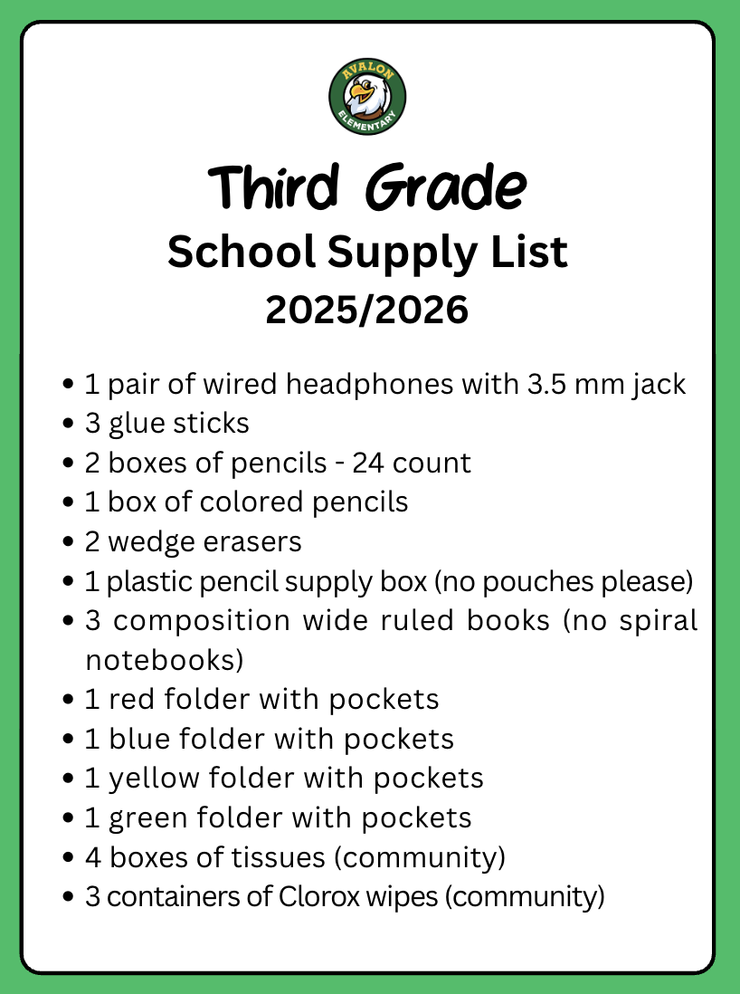 Third Grade School Supply List